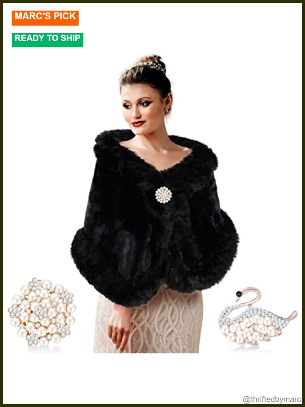 Faux Fur Shawl Wrap with 2 Rhinestone Brooches One Size Formal